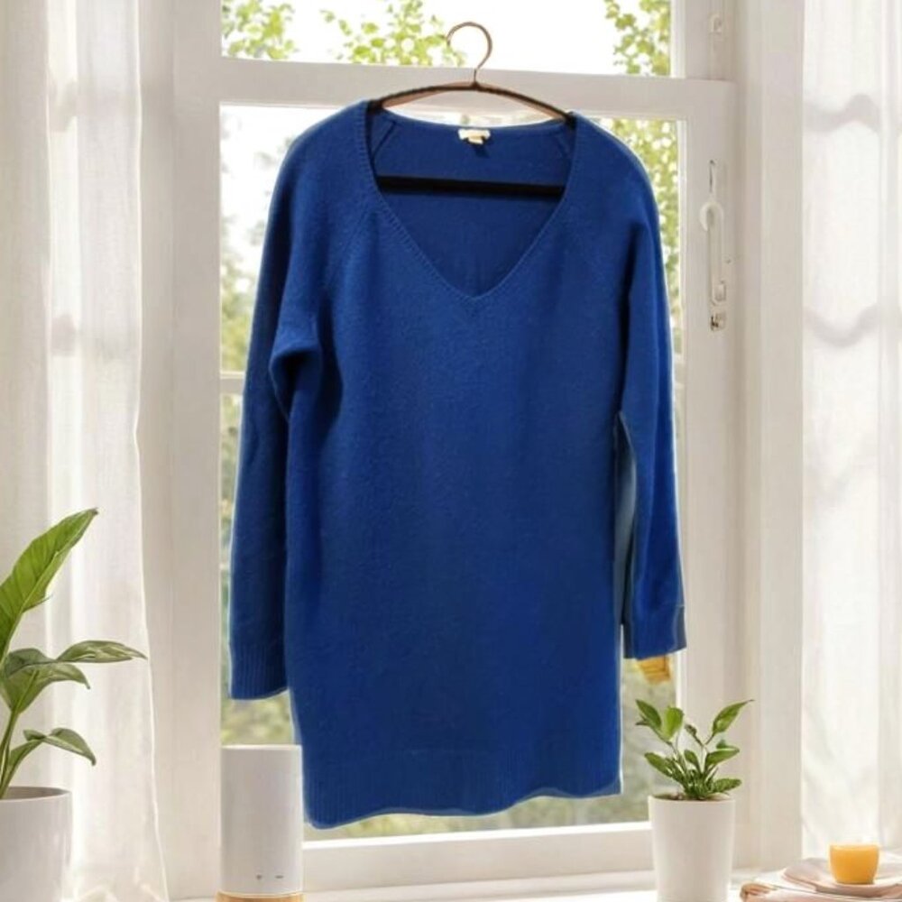 100% Cashmere V-Neck Tunic Sweater Royal Blue Sz L